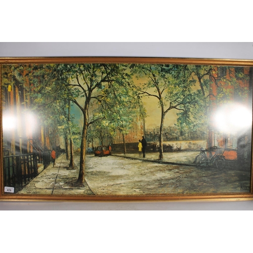 470 - RAYMOND KLEE, Evening Shadows, Parisian street scene, print, 50cm x 98cm, frame 55cm x 103cm.