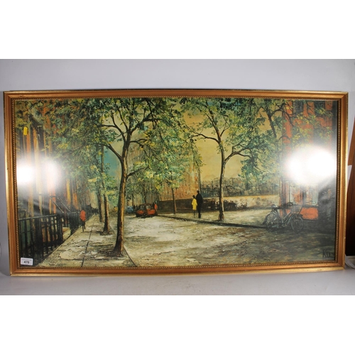 470 - RAYMOND KLEE, Evening Shadows, Parisian street scene, print, 50cm x 98cm, frame 55cm x 103cm.