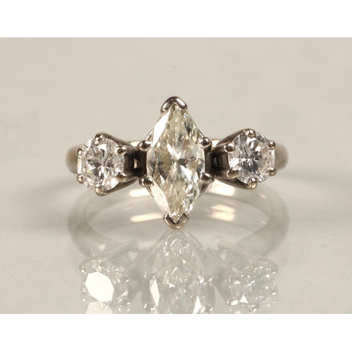 69 - Ladies 18ct white gold three stone diamond ring central marquise cut 1 carat diamond, flanked by 0.3... 