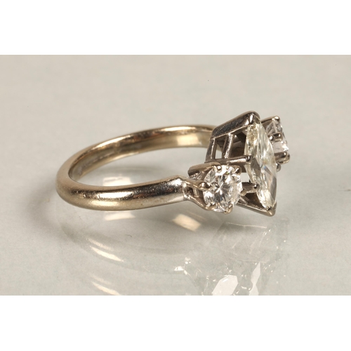 69 - Ladies 18ct white gold three stone diamond ring central marquise cut 1 carat diamond, flanked by 0.3... 