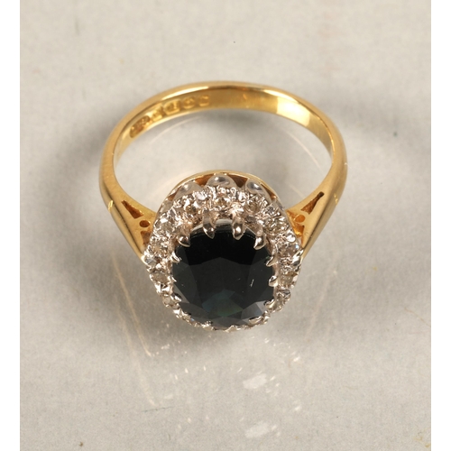 80 - Ladies 18ct yellow gold sapphire and diamond ring, ring size I/J.