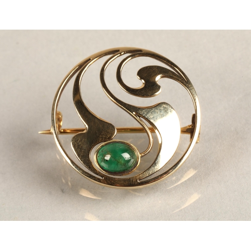 86 - Murrle Bennett yellow metal circular brooch set with a cabochon stone, 4 grams.