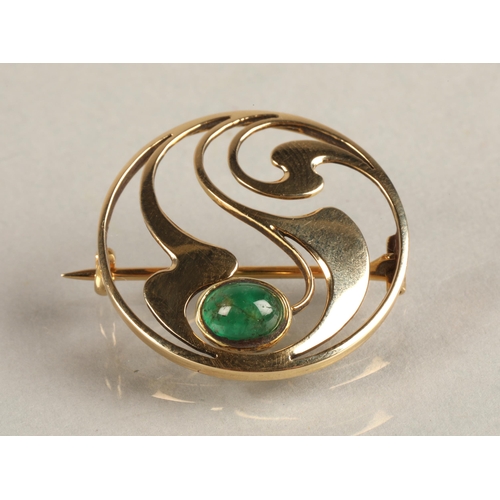 86 - Murrle Bennett yellow metal circular brooch set with a cabochon stone, 4 grams.