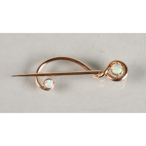 87 - Murrle Bennet 9ct gold pin set with two opals, 1.5 grams.