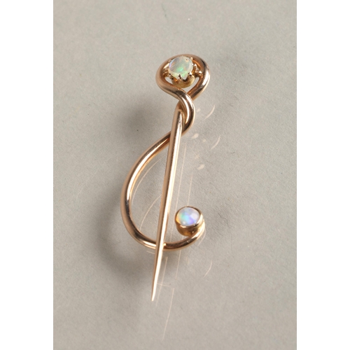 87 - Murrle Bennet 9ct gold pin set with two opals, 1.5 grams.