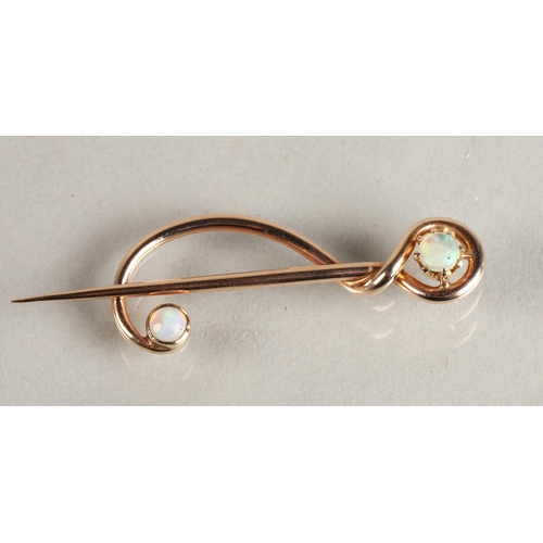 87 - Murrle Bennet 9ct gold pin set with two opals, 1.5 grams.