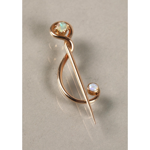 87 - Murrle Bennet 9ct gold pin set with two opals, 1.5 grams.