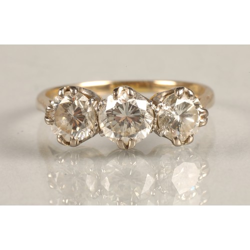 63 - Ladies three stone diamond ring set in 18ct white gold, each stone 0.5 carat, ring size O.