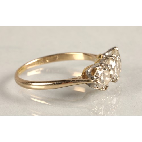 63 - Ladies three stone diamond ring set in 18ct white gold, each stone 0.5 carat, ring size O.