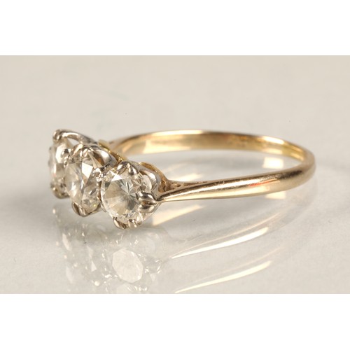 63 - Ladies three stone diamond ring set in 18ct white gold, each stone 0.5 carat, ring size O.