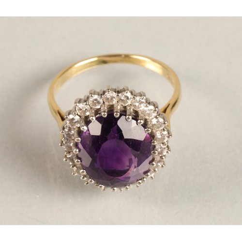 68 - Ladies 18ct yellow gold amethyst & diamond ring, central amethyst surrounded by twenty small dia... 