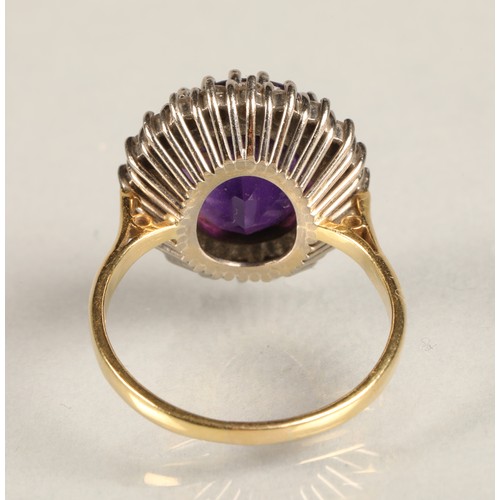 68 - Ladies 18ct yellow gold amethyst & diamond ring, central amethyst surrounded by twenty small dia... 