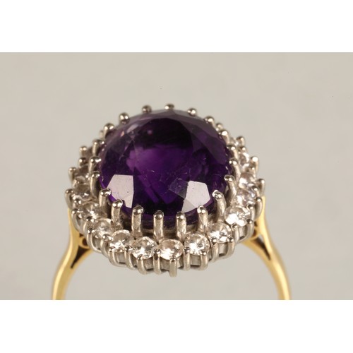 68 - Ladies 18ct yellow gold amethyst & diamond ring, central amethyst surrounded by twenty small dia... 