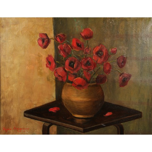 482 - European School (20th Century)Swept framed oil on canvas - indistinctly signed'Red Poppies on a Tabl... 