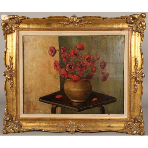 482 - European School (20th Century)Swept framed oil on canvas - indistinctly signed'Red Poppies on a Tabl... 