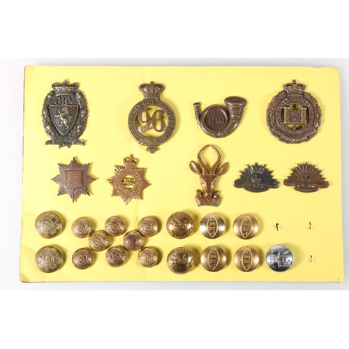 1485 - Board of military cap badges and buttons to include 96th Regiment, 1st RDM (Royal Devon Military), S... 