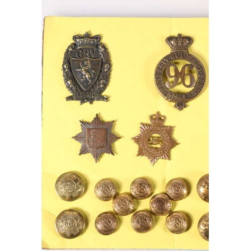 1485 - Board of military cap badges and buttons to include 96th Regiment, 1st RDM (Royal Devon Military), S... 