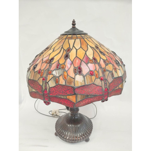 445 - Tiffany style dragonfly stained glass table lamp on reeded bronze base. Height 65cm Shade diameter 4... 