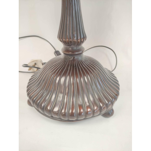 445 - Tiffany style dragonfly stained glass table lamp on reeded bronze base. Height 65cm Shade diameter 4... 