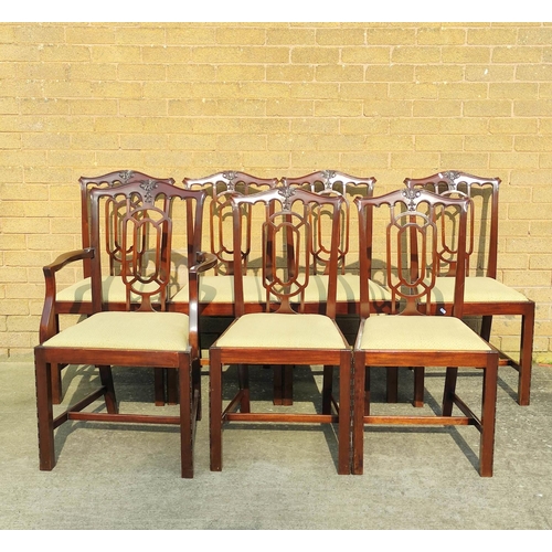 523 - Set of seven 20th century mahogany dinning chairs to include a carver armchair, each in the Chinese ... 