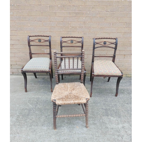 525 - Four antique bobbin turned chairs, three boasting splayed toprails with brass rosettes and drop in s... 