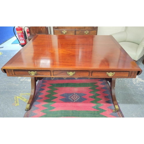 509 - 19th century mahogany library table the rectangular table with extending drop flaps, with three smal... 