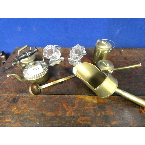 186 - Brass ware to include miniature pans, kettle, epns preserve pots in the form of flowers.