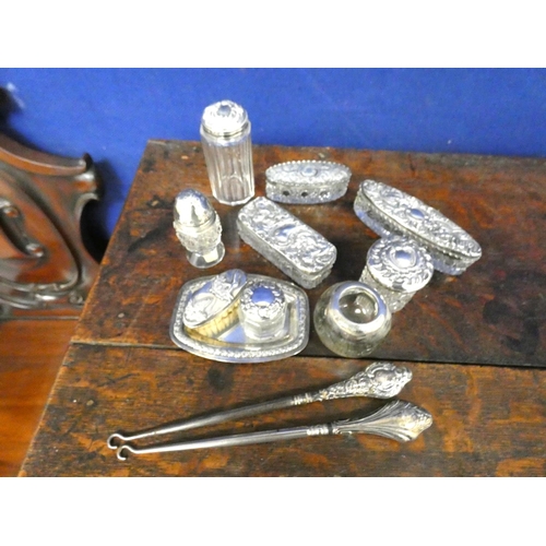187 - Various silver items to include American sterling pin dish and cut glass trinket boxes. Weighable si... 