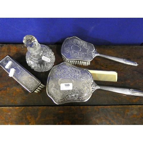 189 - Various items to include glass scent bottles and vanity brush set.