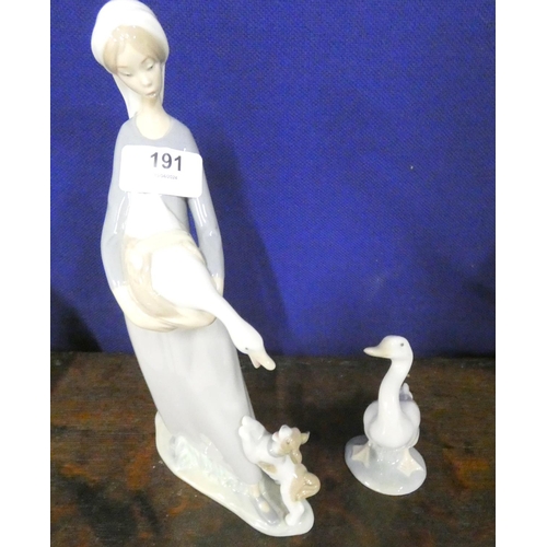 191 - Lladro figure of a Spanish Lady with a duck and puppy playing also a duck figure.