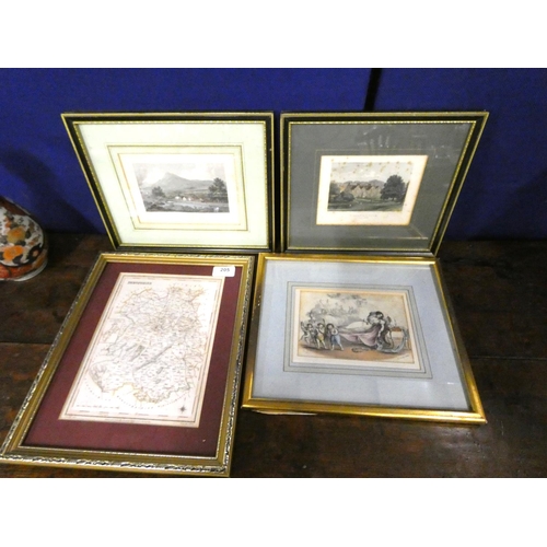 205 - Various antique coloured etchings to include W Derby Lithog.