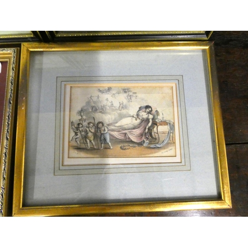 205 - Various antique coloured etchings to include W Derby Lithog.