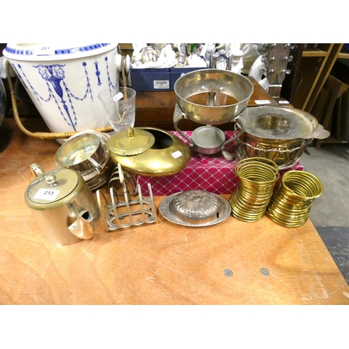 213 - Collection of brass ware and plated items.