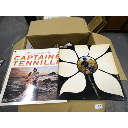 219 - Box of various records to include Tom Jones etc.