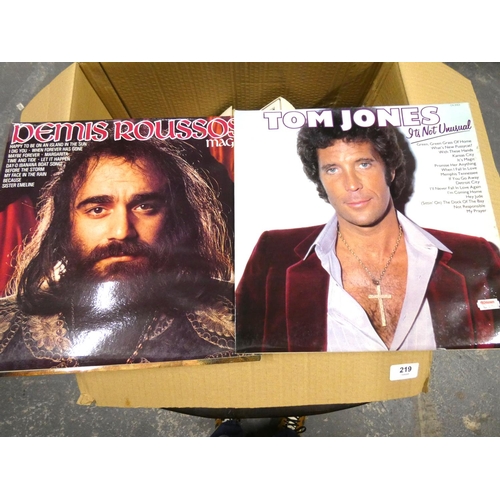 219 - Box of various records to include Tom Jones etc.