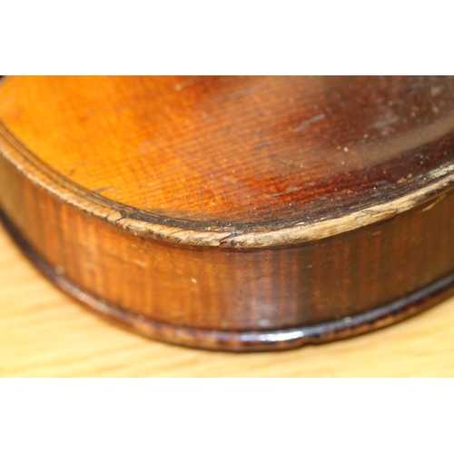 38 - 20th century violin with single piece back in fitted case and two bows, back size 36cm.