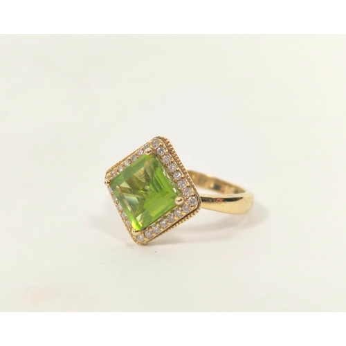 171 - Diamond and peridot square cluster ring in 9ct. gold, size 'P'.