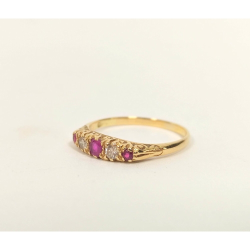 172 - Diamond and ruby five stone ring in gold '18ct'Size 'Q'