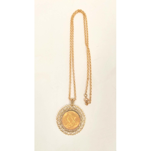 175 - Sovereign 1899, 9ct. gold detachable pendant mount and necklet 54cm, gross 18g.