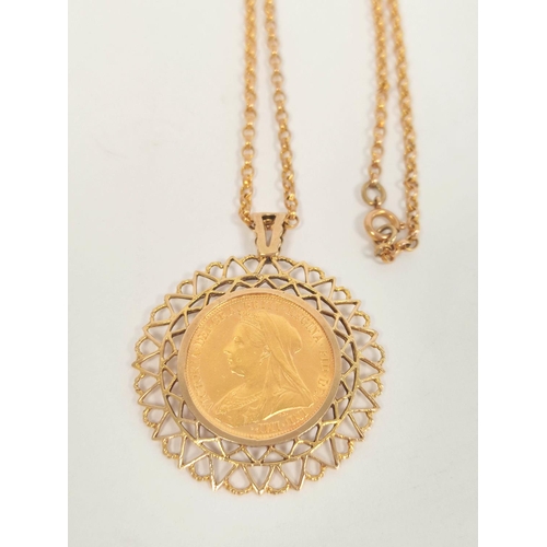 175 - Sovereign 1899, 9ct. gold detachable pendant mount and necklet 54cm, gross 18g.