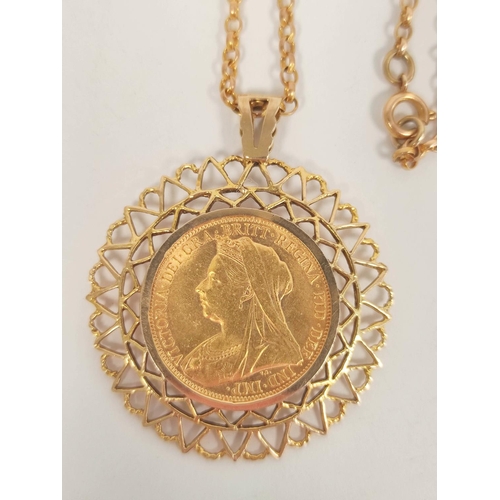 175 - Sovereign 1899, 9ct. gold detachable pendant mount and necklet 54cm, gross 18g.