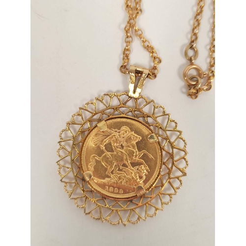 175 - Sovereign 1899, 9ct. gold detachable pendant mount and necklet 54cm, gross 18g.