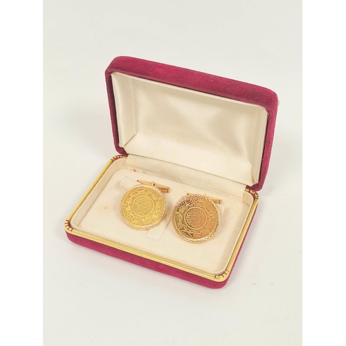 177 - Pair of gold cufflinks, each with Saudi gold coin '22kt', 18ct.gold swivel backs.27g.