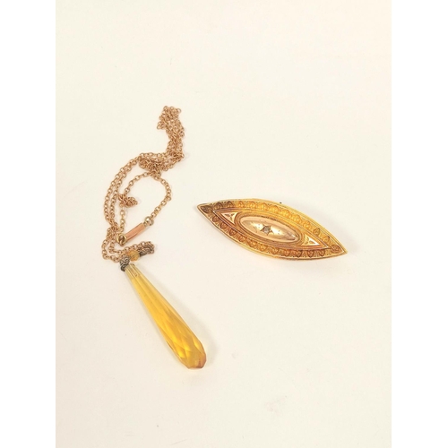 179 - Victorian 15ct. gold brooch of lozenge shape with tiny diamond, 3.6g, metal pin; also a citrine glas... 