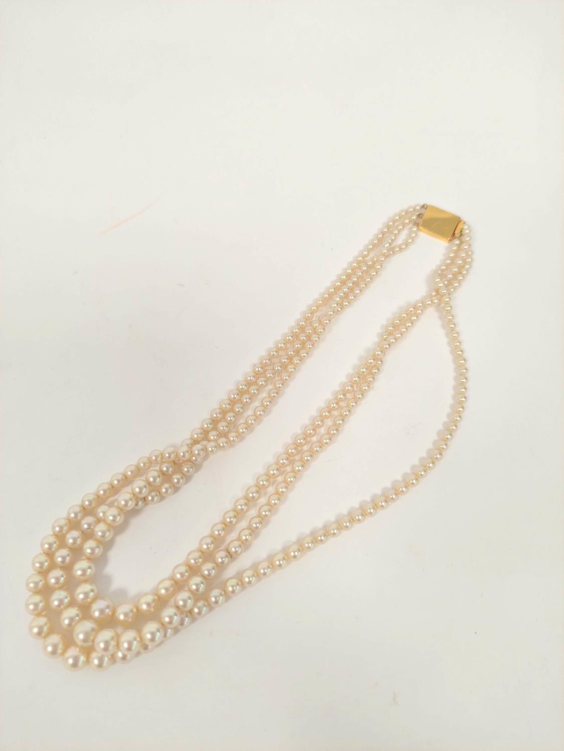 Three row necklace of graduated pearls on 9ct gold Ciro