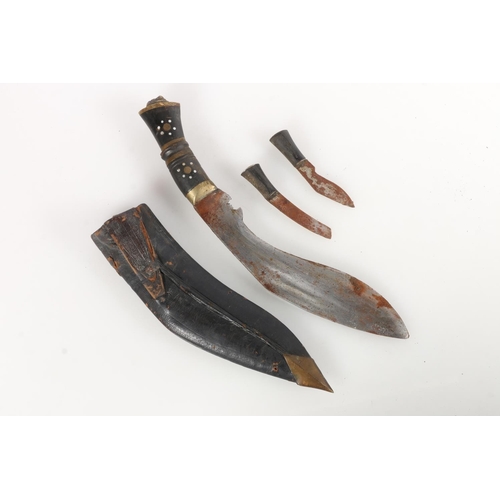 1532 - Two Gurkha kukri knives with leather sheaths and a British No4 mk5 spike bayonet with scabbard. (3)