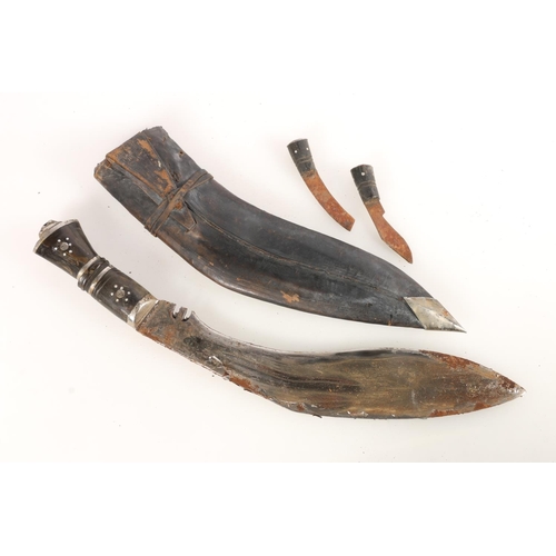 1532 - Two Gurkha kukri knives with leather sheaths and a British No4 mk5 spike bayonet with scabbard. (3)