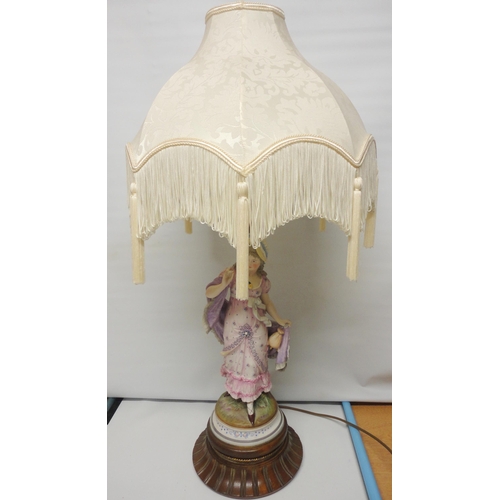 222 - Continental bisque table lamp, c. early 20th century, modelled as a classical maiden in dress, paint... 