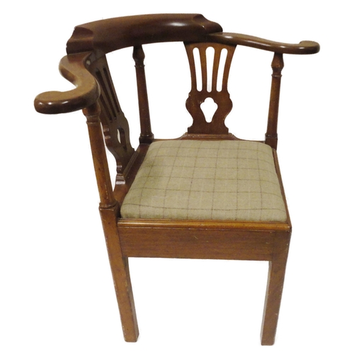 400 - Georgian mahogany corner chair with scroll top rail above turned columns and open splat, later uphol... 