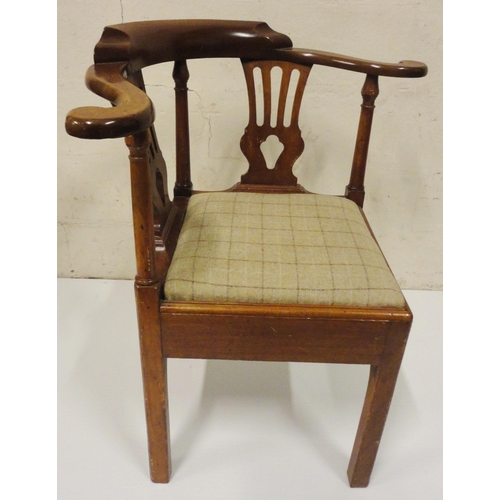 400 - Georgian mahogany corner chair with scroll top rail above turned columns and open splat, later uphol... 